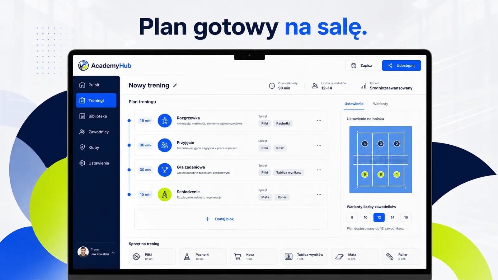 Wizualizacja planu treningowego AcademyHub