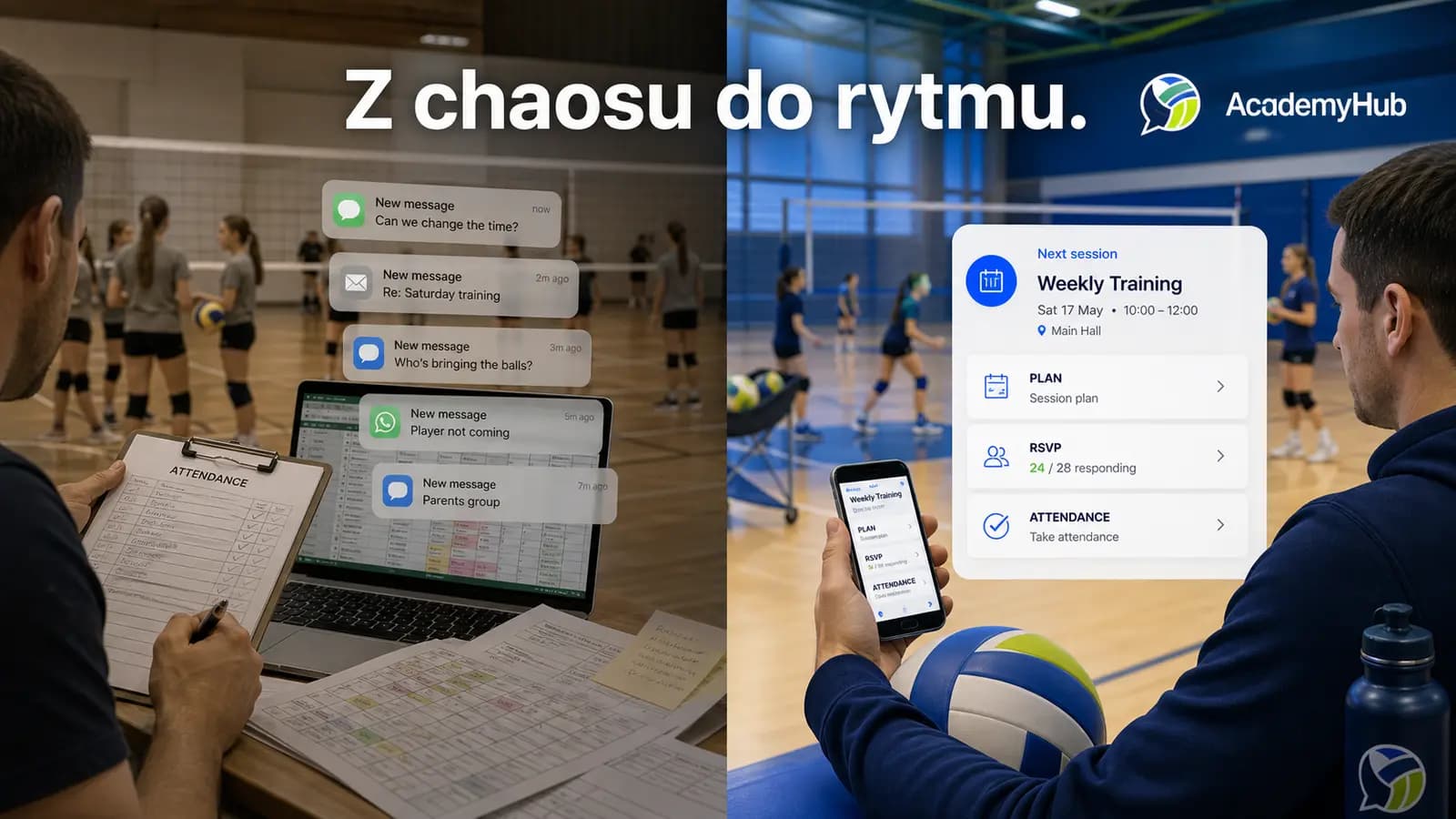 Wizualizacja przejścia od rozproszonych wiadomości i notatek do uporządkowanego dnia w AcademyHub